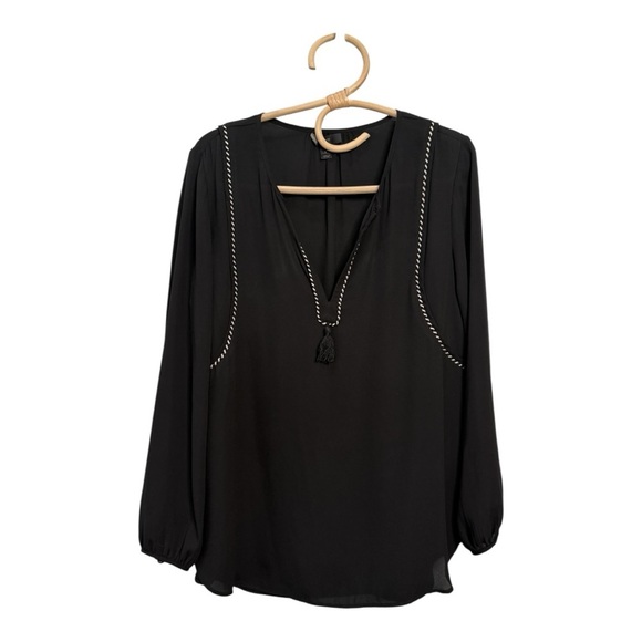J. Crew Black White Split Neck Tassel Braided Trim Popover Tunic Womens Size 2 - Picture 3 of 10